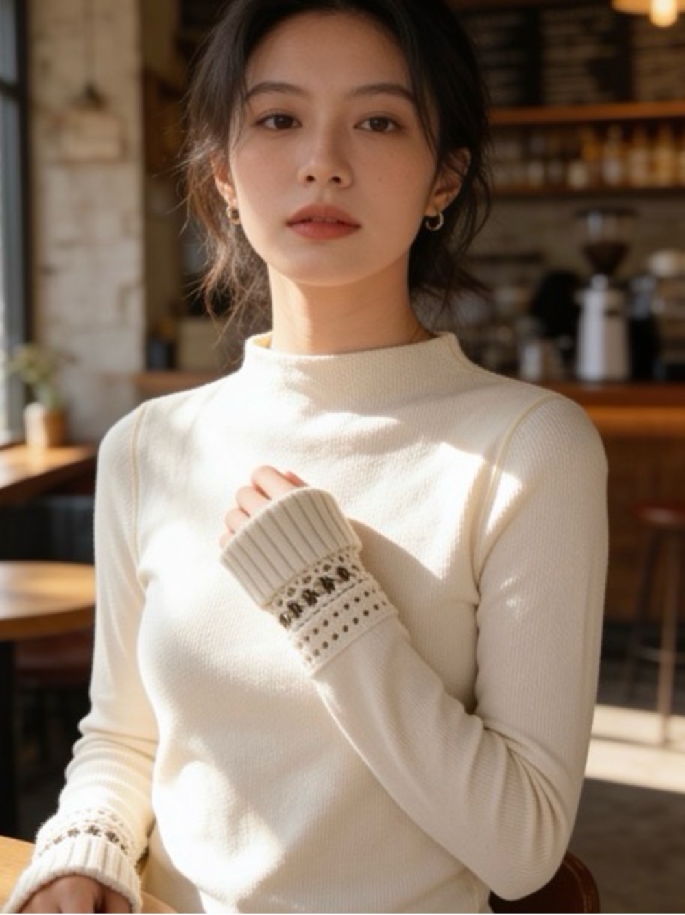Free People Women’s Cream Mock Neck Sweater with Patterned Cuffs -S